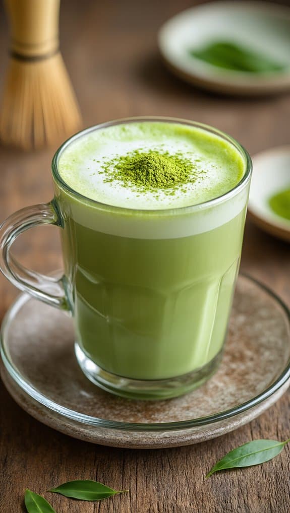Matcha green tea latte with powdered matcha on top, served in a clear glass mug with a saucer on a wooden table, accompanied by fresh green tea leaves.