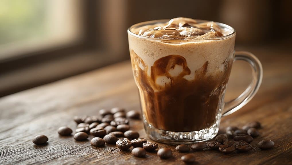 Creamy iced coffee with milk and chocolate syrup swirled inside, served in a clear glass mug on a rustic wooden surface with coffee beans scattered around.