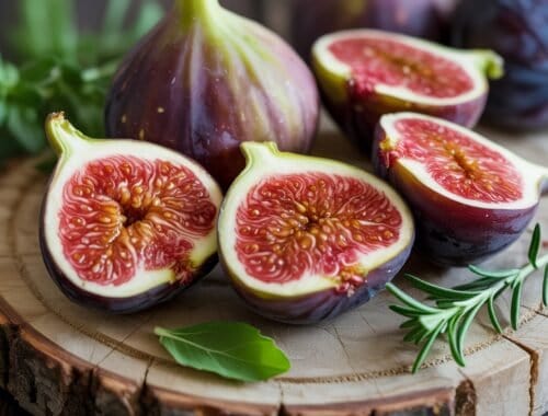 Fresh ripe figs halved on a rustic wooden board with green herbs, emphasizing healthy, colorful fruits for better nutrition and fitness.