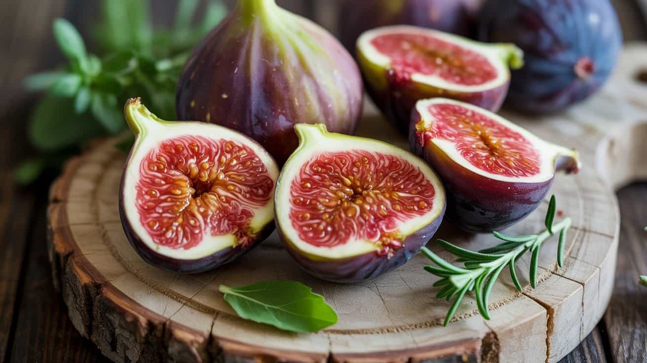 Fresh ripe figs halved on a rustic wooden board with green herbs, emphasizing healthy, colorful fruits for better nutrition and fitness.