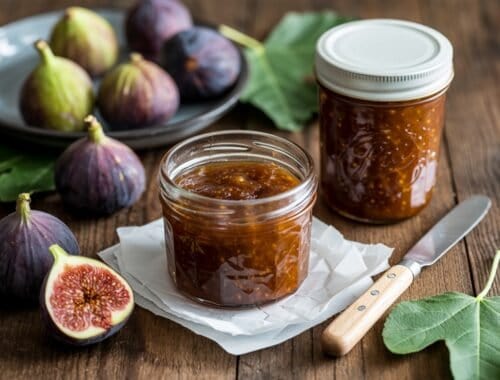 Homemade fig jam in glass jars with fresh figs and leaves on wooden table, healthy food, nutritious spreading, and fruit preservation.