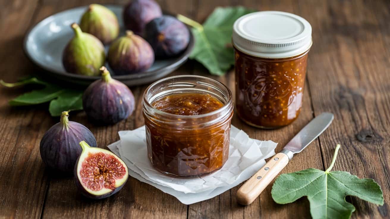 Homemade fig jam in glass jars with fresh figs and leaves on wooden table, healthy food, nutritious spreading, and fruit preservation.