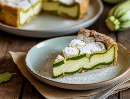 Fresh zucchini pie with powdered sugar on a ceramic plate, giving a healthy yet indulgent dessert option for fitness enthusiasts.