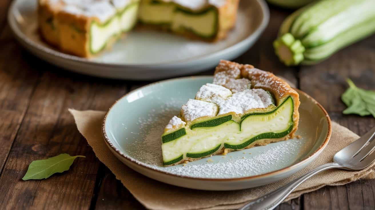 Fresh zucchini pie with powdered sugar on a ceramic plate, giving a healthy yet indulgent dessert option for fitness enthusiasts.