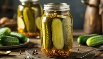 Pickled cucumbers in a glass jar with mustard seeds and spices on a rustic wooden surface.