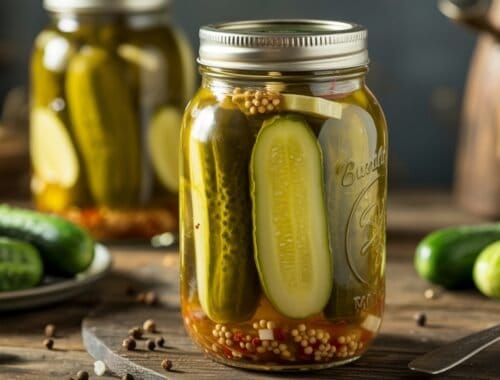 Pickled cucumbers in a glass jar with mustard seeds and spices on a rustic wooden surface.