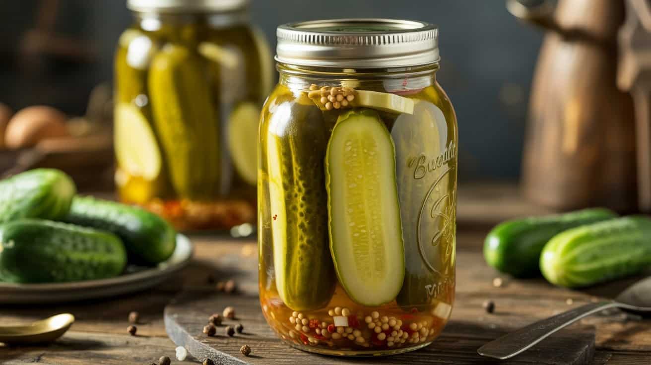 Pickled cucumbers in a glass jar with mustard seeds and spices on a rustic wooden surface.