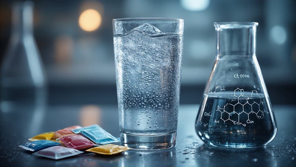 Clear sparkling carbonated water in a tall glass with ice, alongside a chemical flask filled with water, and colorful medication or supplement packets on the table.