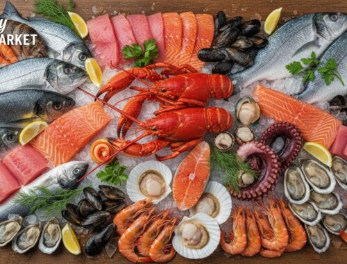 Delicious seafood platter featuring fresh fish, oysters, lobster, shrimp, and scallops with lemon wedges and greens at Sydney Fish Market.