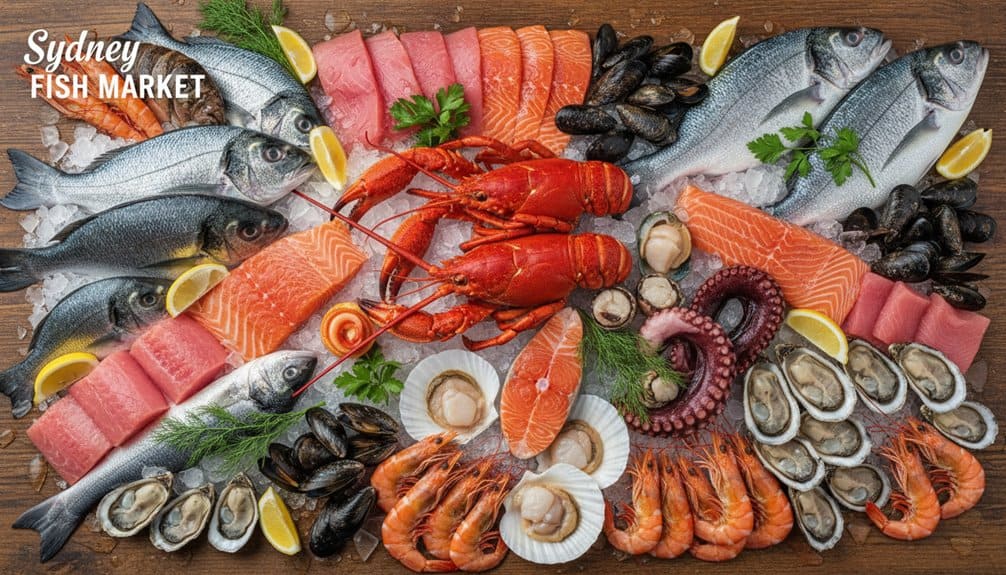 Delicious seafood platter featuring fresh fish, oysters, lobster, shrimp, and scallops with lemon wedges and greens at Sydney Fish Market.