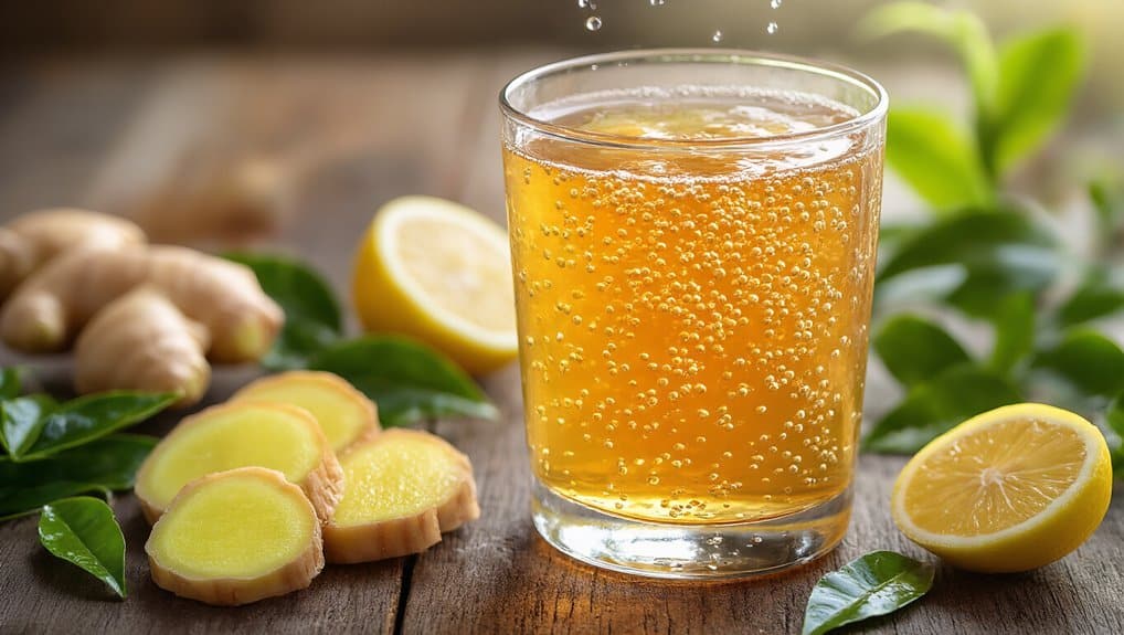 Refreshing ginger lemon honey drink with bubbles in a glass, fresh lemon slices, ginger roots, and green leaves on wooden surface. Perfect for health and wellness boost.