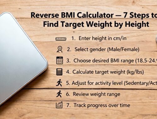 Reverse BMI calculator infographic with steps for calculating target weight based on height, gender, activity level, and BMI range, placed on a wooden background with a weighing scale and tape measure.