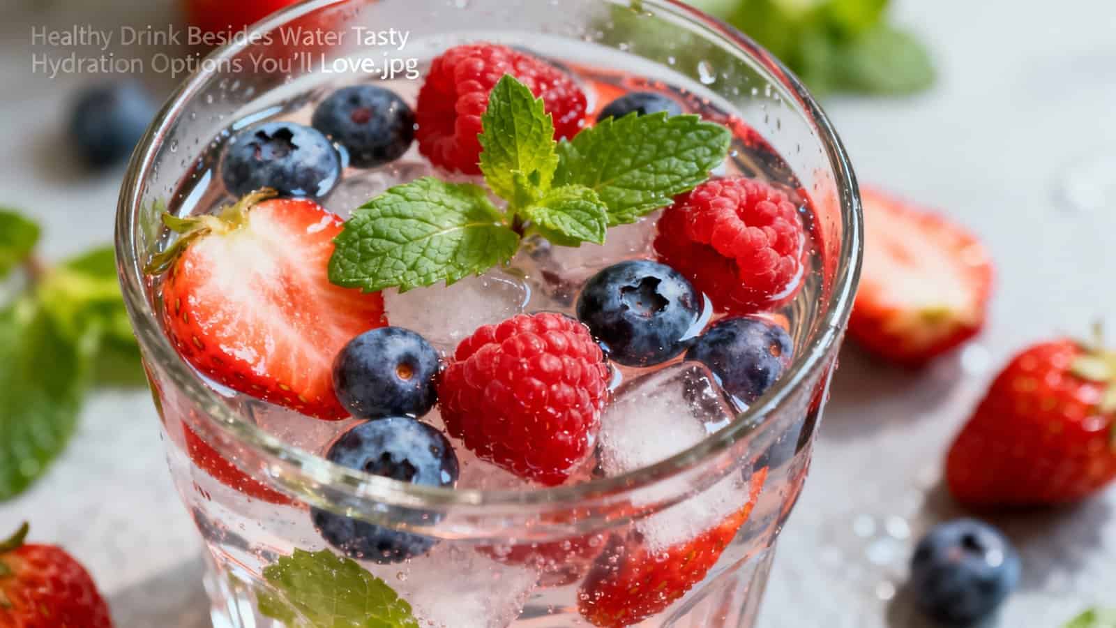Fresh mixed berry drink with strawberries, blueberries, raspberries, and mint leaves in a glass, highlighting healthy hydration options with natural fruit flavors.