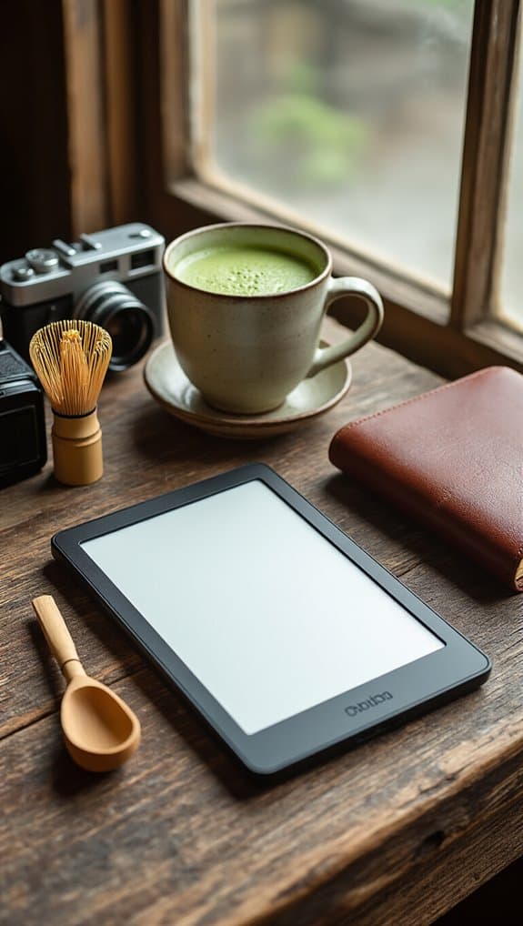 A digital tablet on a wooden desk with a cup of green smoothie, camera, leather journal, bamboo whisk, and a small wooden spoon, near a window with natural light.