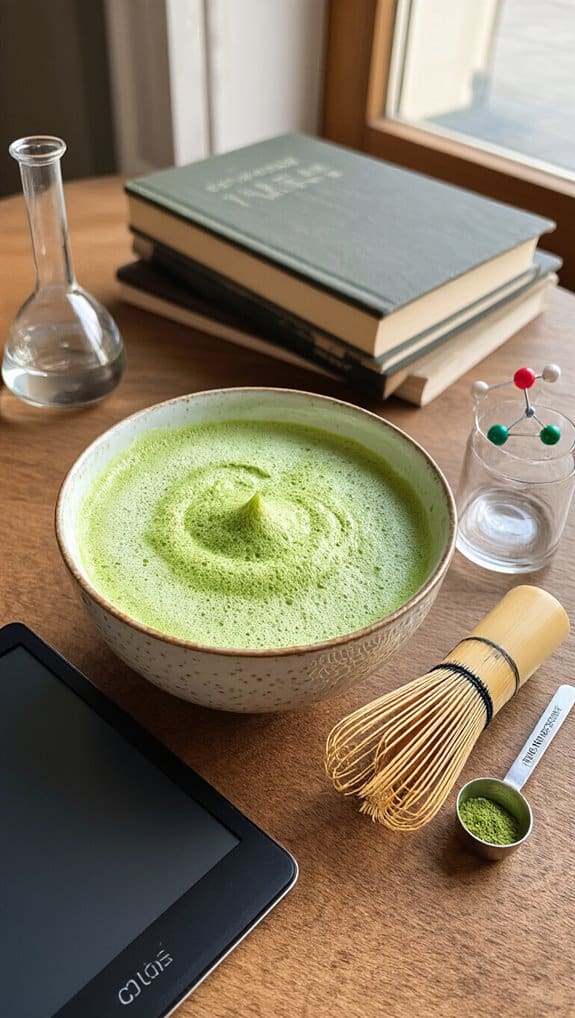 Bright green matcha tea in a textured bowl with a bamboo whisk and a small scoop of powder, surrounded by books, glassware, and a tablet, emphasizing a wellness-focused, healthy lifestyle.