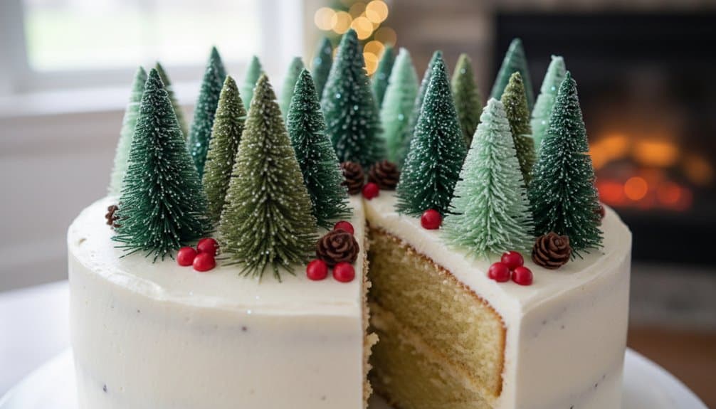 Festive holiday cake decorated with mini pine trees, red berries, and chocolate pinecones for a Christmas celebration. Perfect for holiday parties and winter festivities.