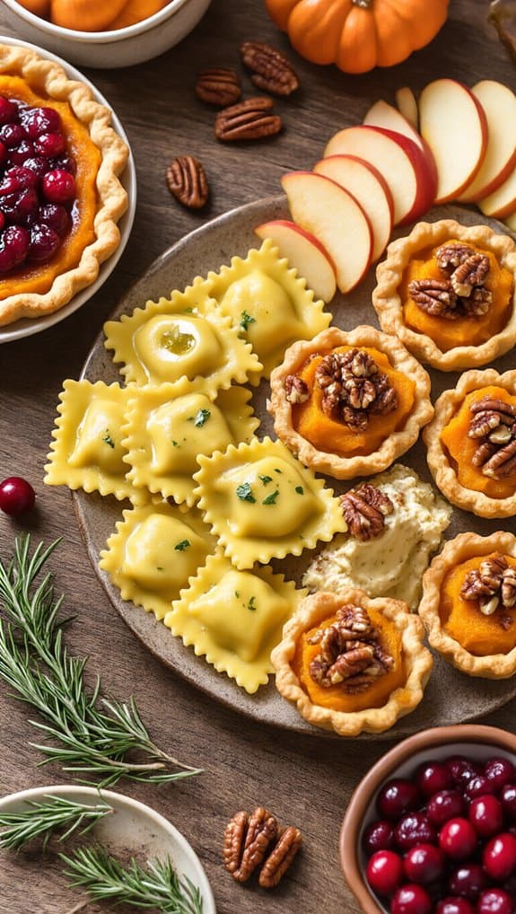 Savory cheese and pumpkin pies with apple slices, cranberries, and pecans on a rustic wooden platter for fall celebrations.