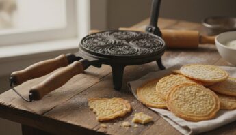 The Palmer Pizzelle Iron That's Been Italian Families' Secret for Decades 10 A traditional waffle iron with wooden handles sits on a rustic wooden table next to a plate of freshly baked biscuits and a bowl of flour, creating a cozy kitchen scene.