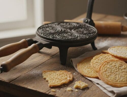 A traditional waffle iron with wooden handles sits on a rustic wooden table next to a plate of freshly baked biscuits and a bowl of flour, creating a cozy kitchen scene.
