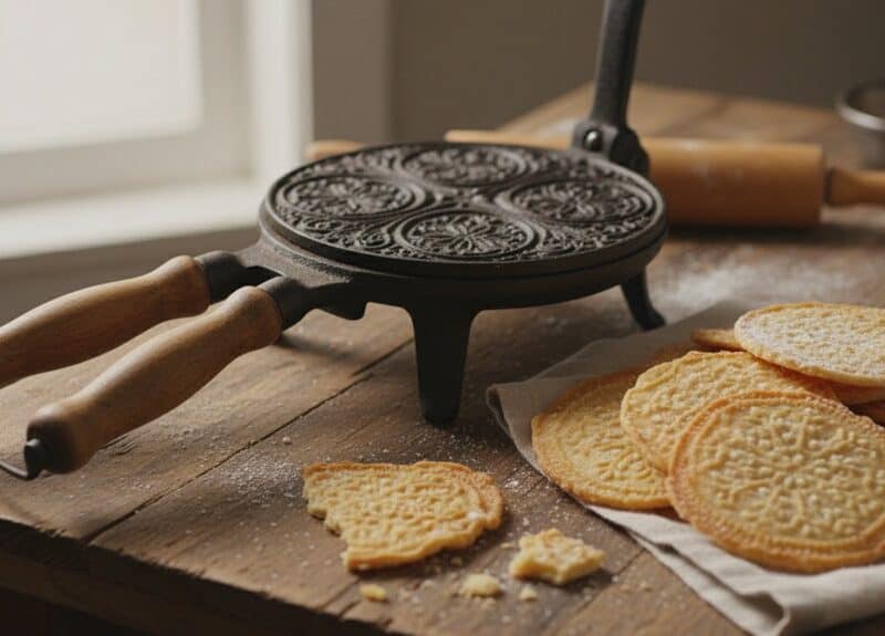 A traditional waffle iron with wooden handles sits on a rustic wooden table next to a plate of freshly baked biscuits and a bowl of flour, creating a cozy kitchen scene.