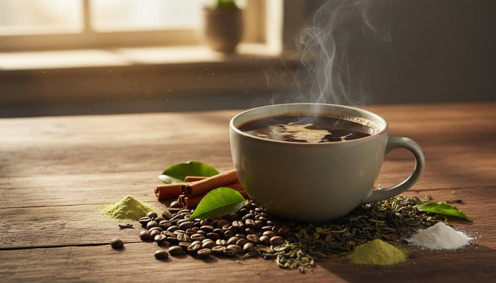 A steaming cup of coffee on a wooden table surrounded by cinnamon sticks, coffee beans, green leaves, and powdered spices. Perfect for a cozy morning or relaxing break to boost your health and wellness routine.