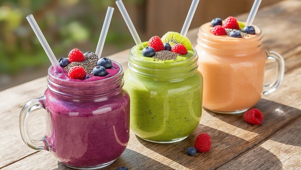 Healthy Drink Snacks Sippable Bites to Keep You Satisfied 2 Berry smoothie in a jar with fresh berries, kiwi, and chia seeds.