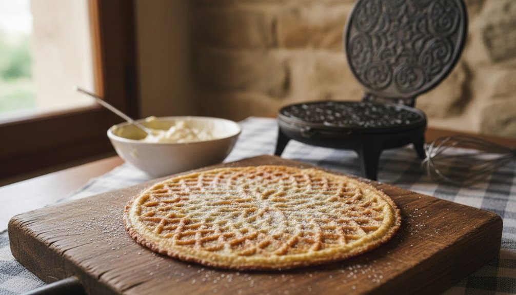 The Secret Behind Perfect Golden Pizzelle That Italian Grandmas Won't Tell You 2 Delicious homemade waffle on a wooden cutting board with butter and syrup, perfect for a healthy breakfast or brunch.
