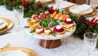 A beautifully arranged holiday appetizer platter featuring crackers, prosciutto, fresh fruit, and festive garnishes on a decorated dining table.