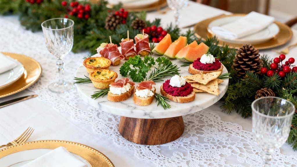 A beautifully arranged holiday appetizer platter featuring crackers, prosciutto, fresh fruit, and festive garnishes on a decorated dining table.