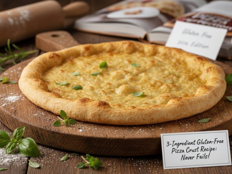 Delicious gluten-free pizza with melted cheese and herbs on a wooden serving board, surrounded by fresh basil leaves and baking ingredients, ideal for healthy eating.