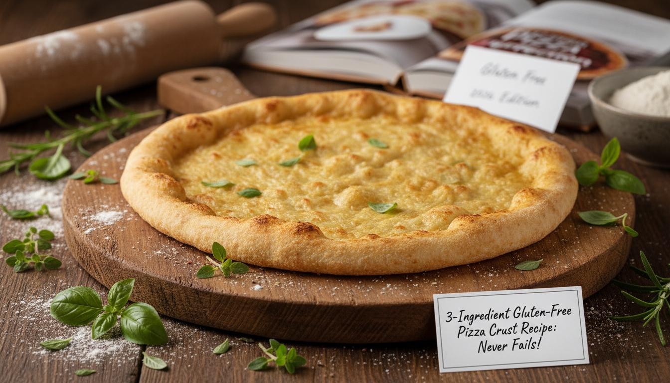 Delicious gluten-free pizza with melted cheese and herbs on a wooden serving board, surrounded by fresh basil leaves and baking ingredients, ideal for healthy eating.