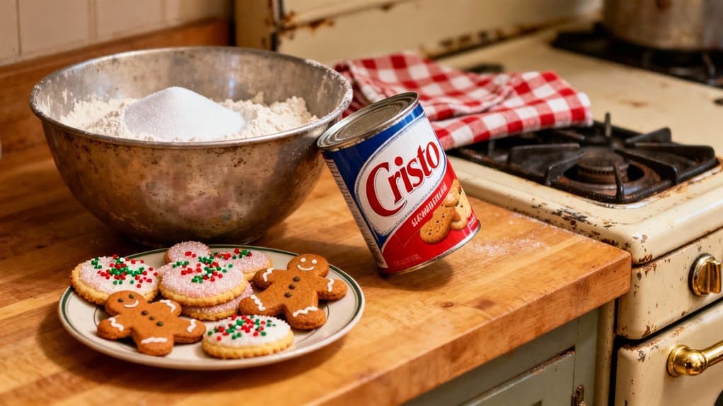Vintage Crisco Christmas Baking Recipes That Still Shine 1 Healthy baking ingredients on a rustic stove for nutritious treats.