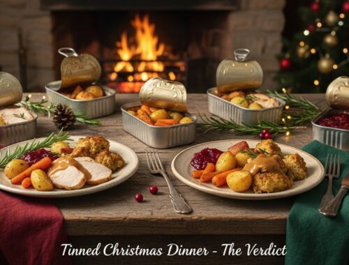 An inviting Christmas dinner featuring turkey, vegetables, and side dishes served on rustic plates with holiday decor and a cozy fireplace in the background.