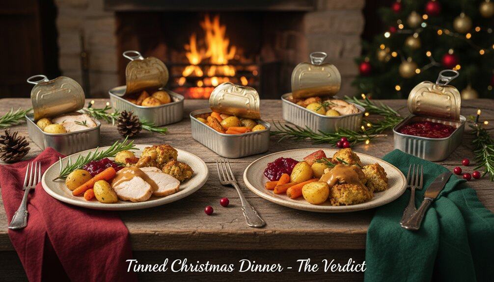 An inviting Christmas dinner featuring turkey, vegetables, and side dishes served on rustic plates with holiday decor and a cozy fireplace in the background.