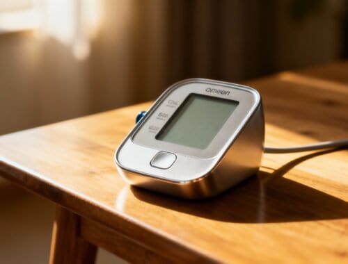 A modern digital blood pressure monitor with cuff is placed on a wooden table, ready for use. Perfect for tracking health in home fitness routines or managing health conditions efficiently.