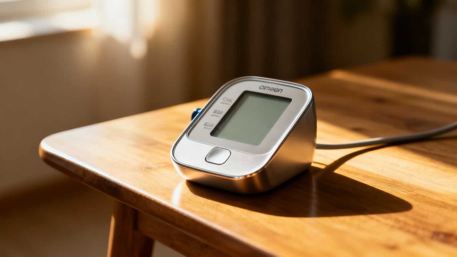 A modern digital blood pressure monitor with cuff is placed on a wooden table, ready for use. Perfect for tracking health in home fitness routines or managing health conditions efficiently.