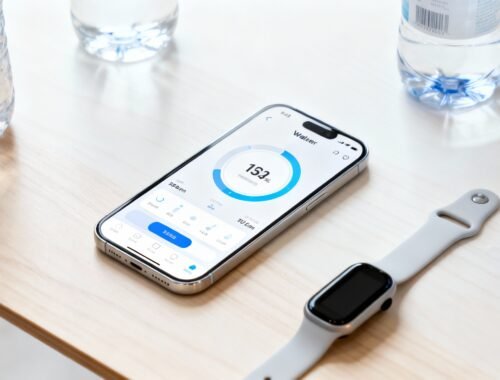 Accurately tracking water intake with a smartphone app on a modern device, surrounded by water bottles, and a smartwatch on a wooden table for health and fitness monitoring.