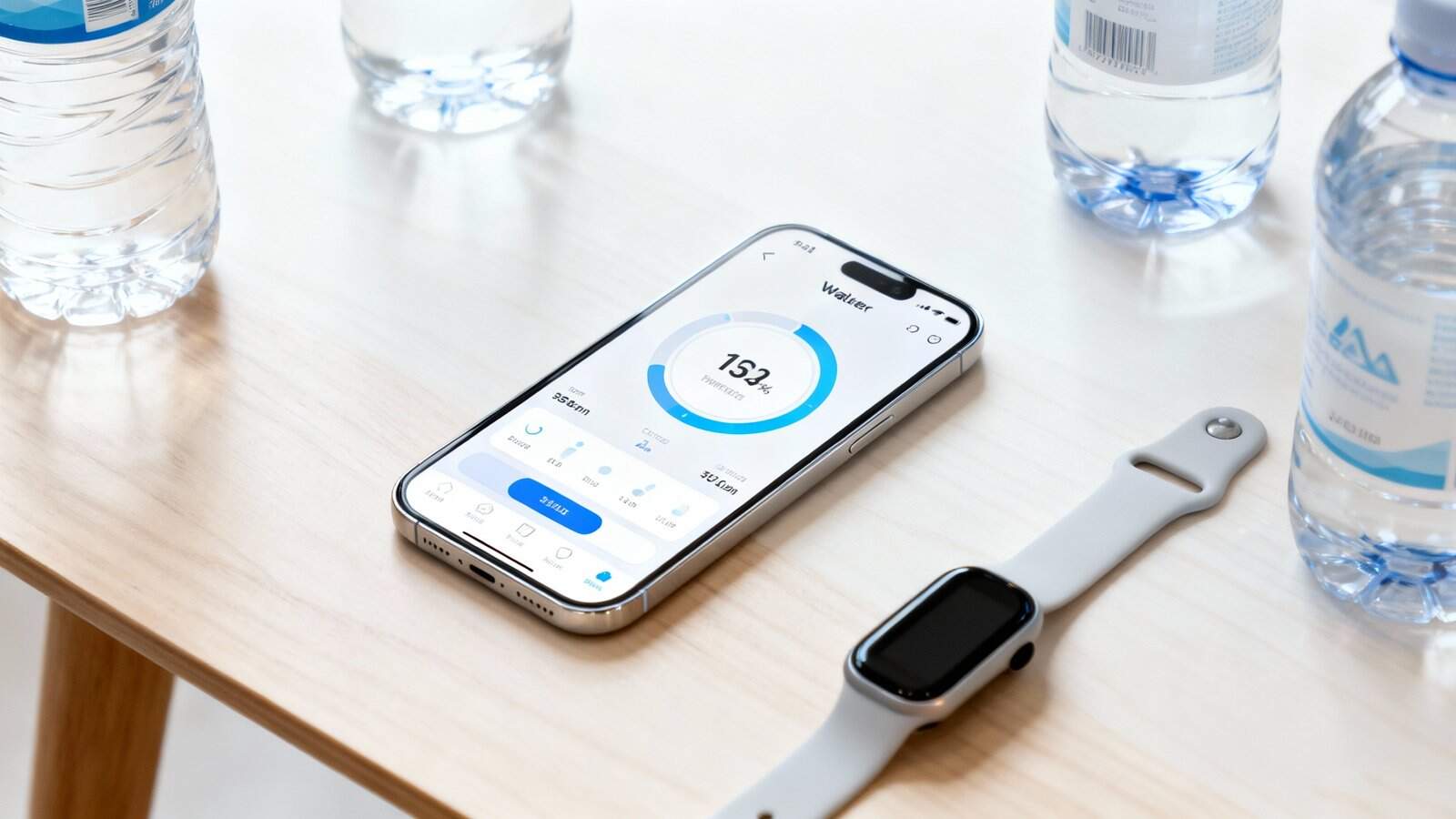 Accurately tracking water intake with a smartphone app on a modern device, surrounded by water bottles, and a smartwatch on a wooden table for health and fitness monitoring.