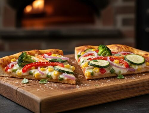 Vegetarian pizza with broccoli, cucumbers, bell peppers, red onions, and corn on a wooden serving board, perfect for healthy eating.