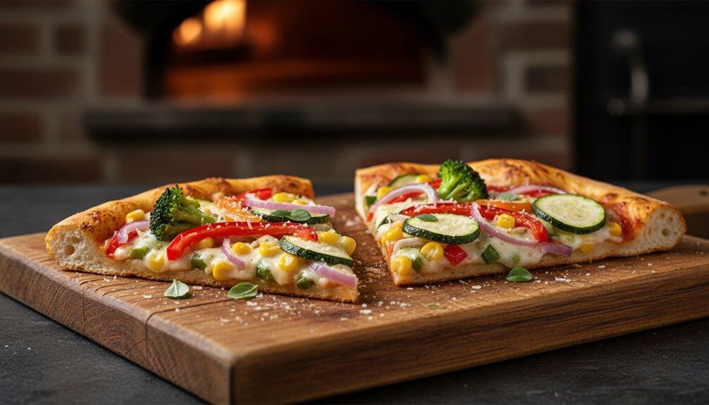 Vegetarian pizza with broccoli, cucumbers, bell peppers, red onions, and corn on a wooden serving board, perfect for healthy eating.