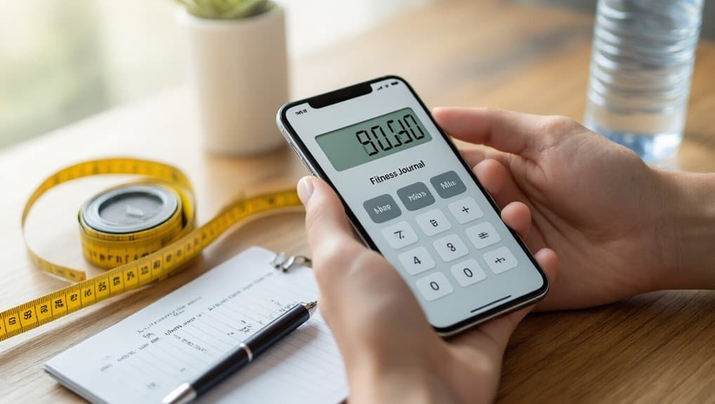 95050 digital weight scale reading on smartphone screen, fitness journal, measuring tape, and pen on wooden table.
