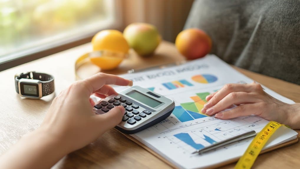 Calories and nutrition analysis on financial documents, healthy lifestyle planning, balancing diet and exercise, tracking health progress, using calculator and charts for fitness goals.