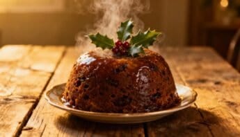 Delicious steaming chocolate cake topped with holly leaves and berries, served on a rustic wooden table, evoking holiday warmth and indulgence.