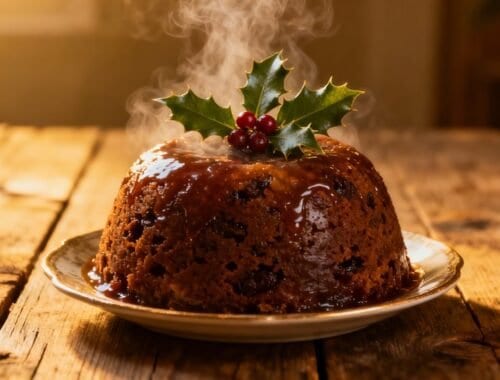 Delicious steaming chocolate cake topped with holly leaves and berries, served on a rustic wooden table, evoking holiday warmth and indulgence.