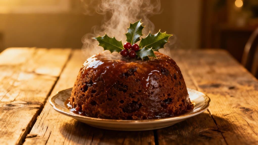 Delicious steaming chocolate cake topped with holly leaves and berries, served on a rustic wooden table, evoking holiday warmth and indulgence.