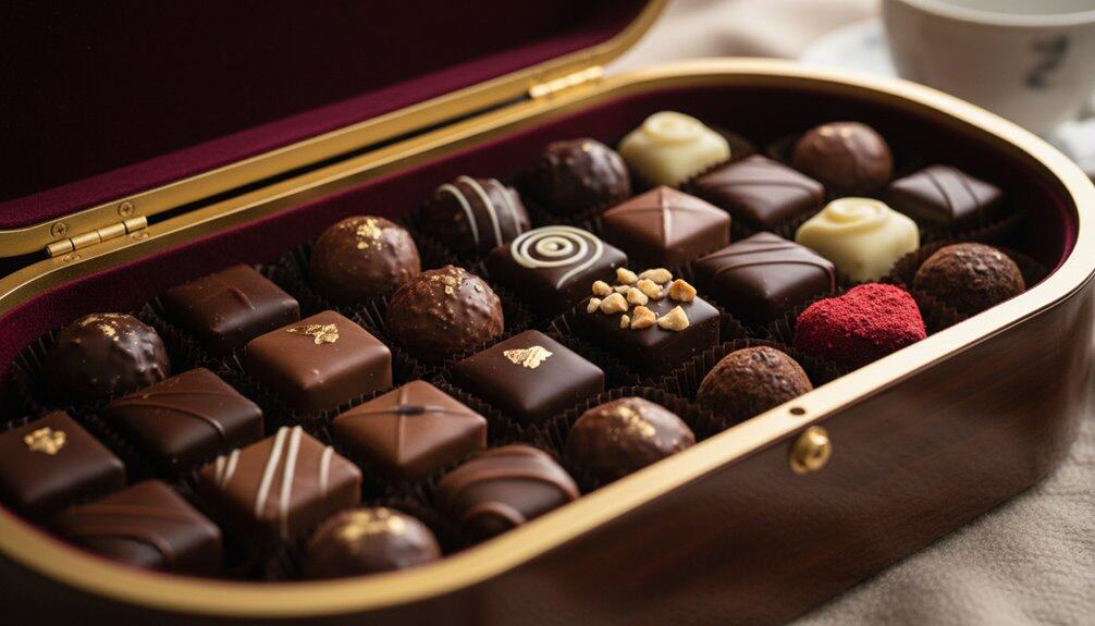 Luxurious assorted chocolates, including truffles and pralines, presented in a stylish gift box, perfect for special occasions or indulgent treats.