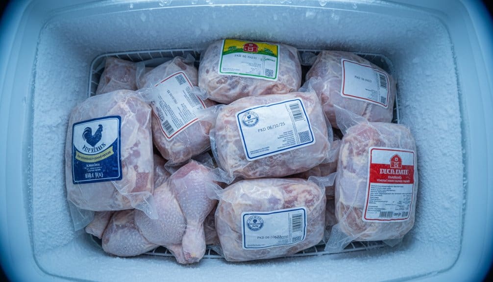 Frozen chicken packages stored in a chest freezer, ready for cooking or meal prep, highlighting frozen meat storage for healthy eating.