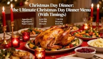Celebrate Christmas with a delicious traditional dinner featuring roasted turkey, fresh vegetables, mashed potatoes, and cranberry sauce on a beautifully decorated holiday table.