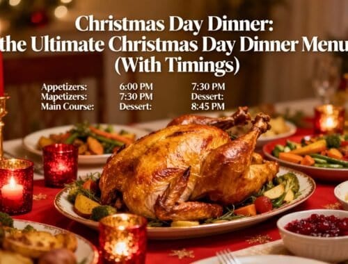 Celebrate Christmas with a delicious traditional dinner featuring roasted turkey, fresh vegetables, mashed potatoes, and cranberry sauce on a beautifully decorated holiday table.