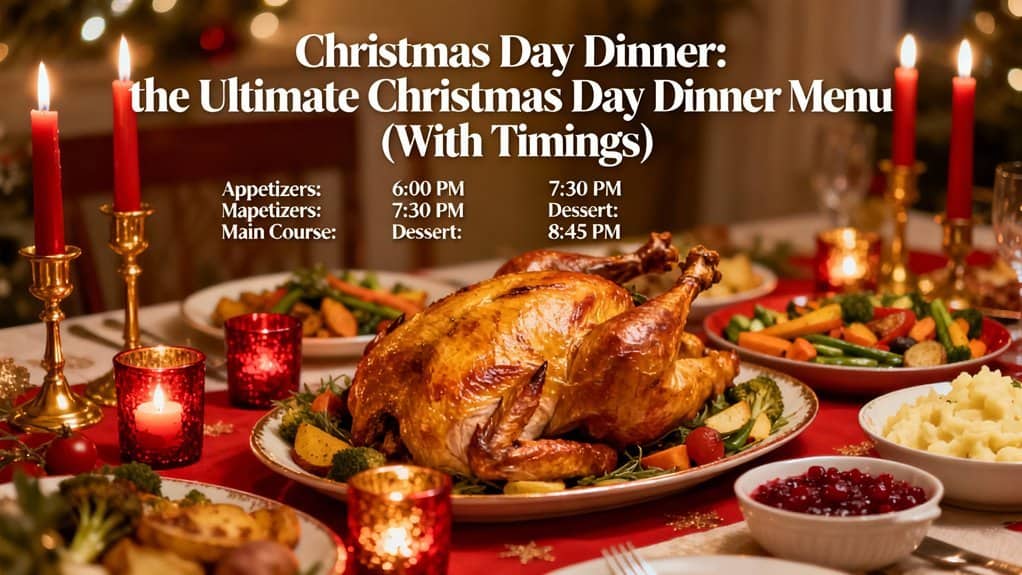 Celebrate Christmas with a delicious traditional dinner featuring roasted turkey, fresh vegetables, mashed potatoes, and cranberry sauce on a beautifully decorated holiday table.